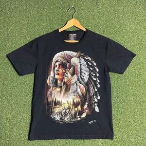 Rock Chang Mens Native American Warrior Wolf Graphic T-Shirt Black Size M